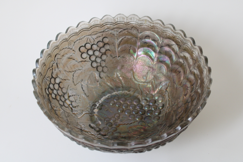smoke grey carnival glass bowl, vintage Imperial glass grapes pattern