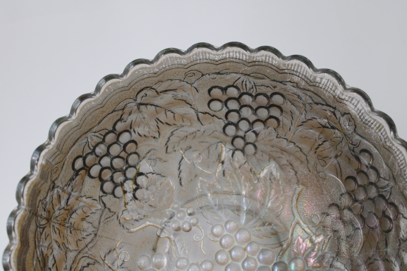 smoke grey carnival glass bowl, vintage Imperial glass grapes pattern