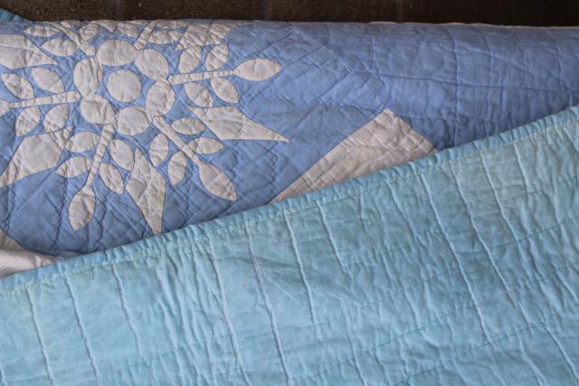snowflake applique hand stitched quilt, 1950s vintage blue & white cotton cutter quilt