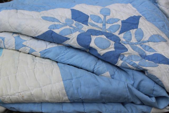 snowflake applique hand stitched quilt, 1950s vintage blue & white cotton cutter quilt