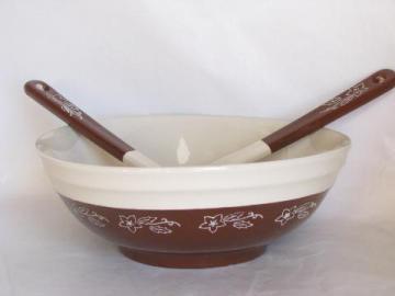 snowflower brown & cream stoneware pottery salad set, vintage Oxford Ware