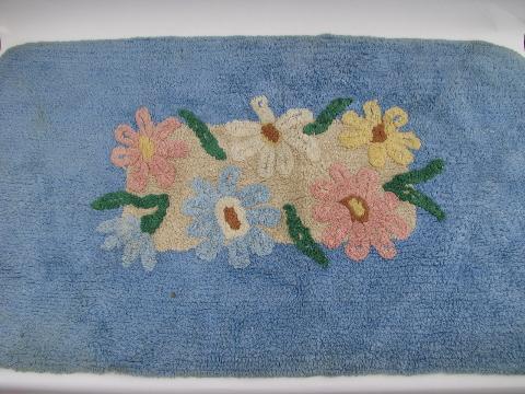 soft cotton chenille, vintage throw rug w/ flowers on blue