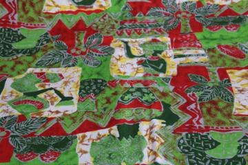 soft cotton fabric w/ Africa ethnic print, people  palm trees in greens  red block print style