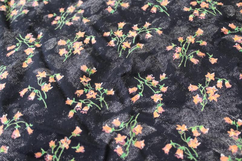 soft crinkle rayon / poly fabric, coral orange floral print on black, boho vintage