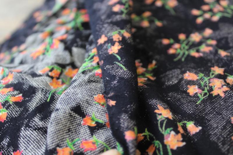 soft crinkle rayon / poly fabric, coral orange floral print on black, boho vintage