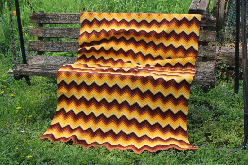 soft felted wool blanket, crochet stripes ripple zigzag pattern afghan fall colors