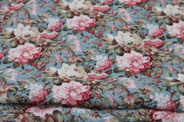 soft flowy poly georgette fabric, English cottage romantic floral print pink flowers on aqua