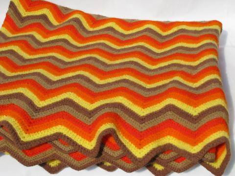 soft fuzzy felted wool crochet afghan throw blanket, orange/yellow/brown