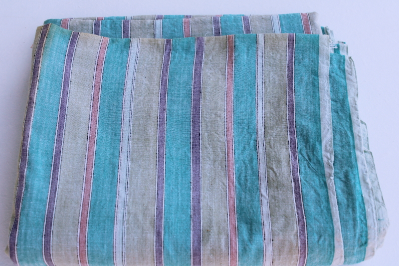 soft light gauzy cotton fabric, woven stripe in cool aqua blue, lavender, rose, tan