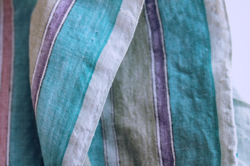 soft light gauzy cotton fabric, woven stripe in cool aqua blue, lavender, rose, tan