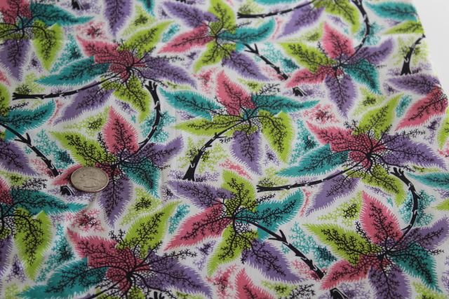 soft lightweight cotton fabric, 1960s vintage tropical palms print preppy colors