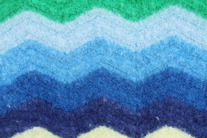soft old felted wool blanket for vintage upcycle, crochet afghan stripes in blues & greens