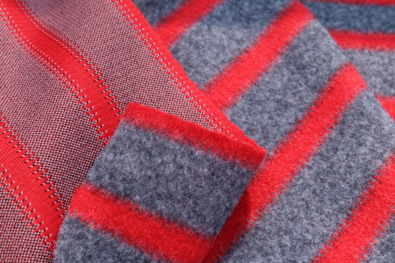 soft poly velour fabric, rustic lumberjack style vertical stripe red dark grey heather