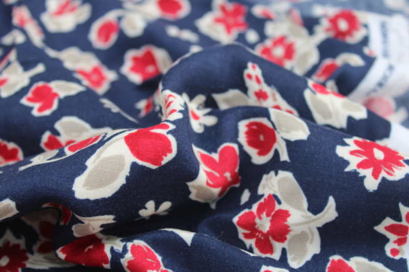 soft rayon fabric, 3 yards red sprig abstract floral print on navy blue