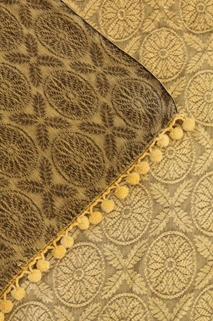 soft vintage cotton bedspread or sofa cover, french grey & mustard gold w/ popcorn fringe 