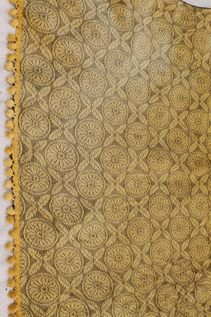 soft vintage cotton bedspread or sofa cover, french grey & mustard gold w/ popcorn fringe 