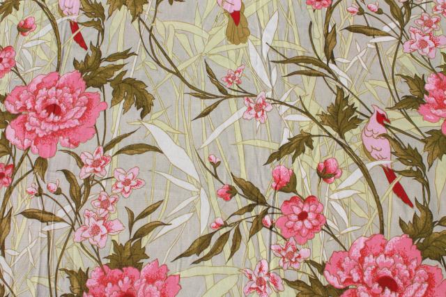 soft washed cotton upholstery / slipcover fabric, tropical flowers, grass & birds