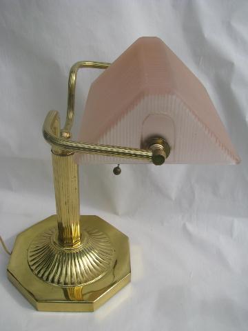 solid brass banker's light desk lamp, frosted pink glass shade