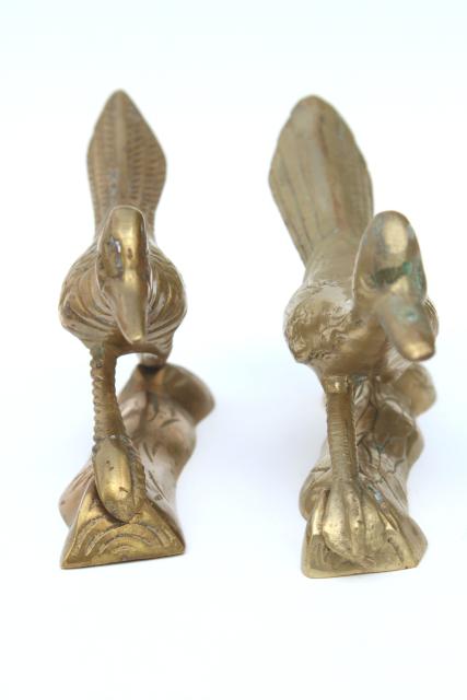 solid brass birds, pair of roadrunners, vintage southwest decor, retro brass animal figurines