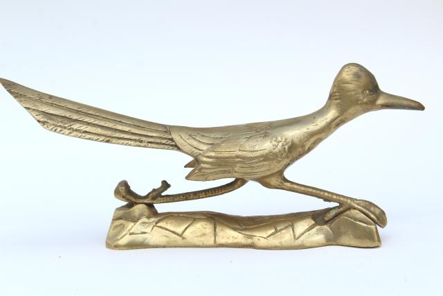 solid brass birds, pair of roadrunners, vintage southwest decor, retro brass animal figurines