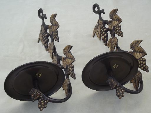 solid brass candle sconces pair, antique bronze grapes candle holders