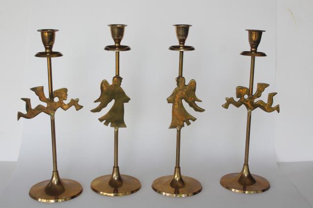 solid brass candlesticks w/ Christmas angels, millennial vintage holiday decor