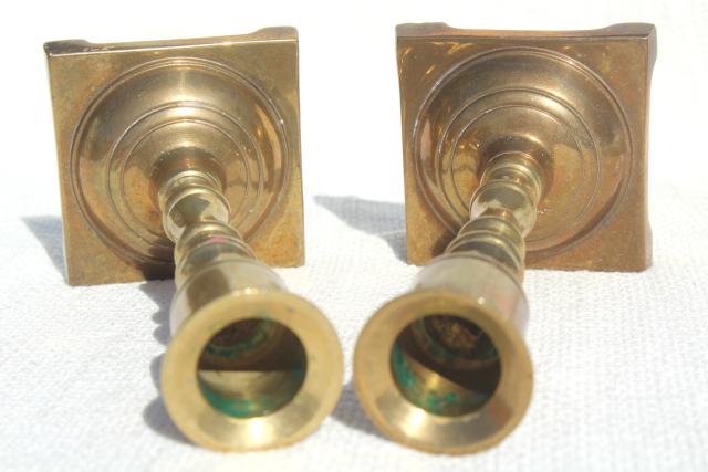 solid brass candlesticks, pair of vintage candle holders w/ classic spindle shape