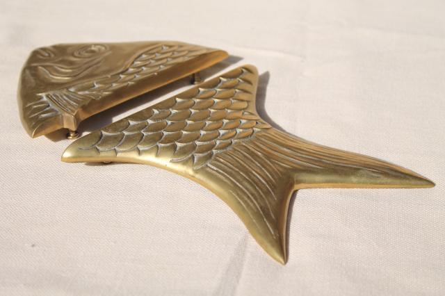 solid brass fish head & tail, sign board bracket ends or tray handles, decorative brass hardware