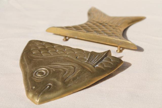 solid brass fish head & tail, sign board bracket ends or tray handles, decorative brass hardware