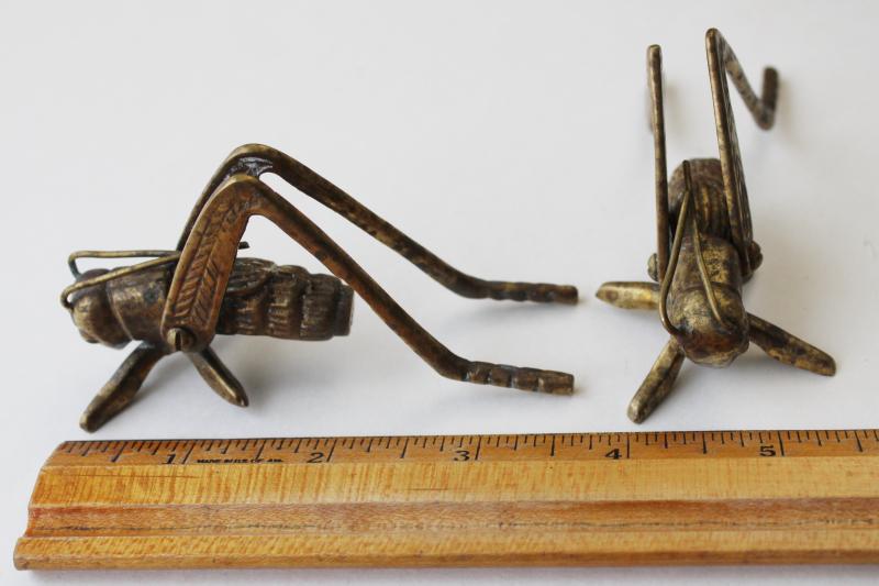 solid brass lucky crickets or grasshoppers, tarnished vintage brass figurines