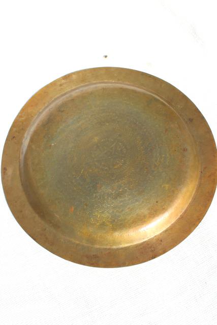 solid brass tray w/ tooled star, vintage serving tray or wall art charger plate