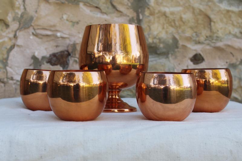 solid copper Jefferson cups & large goblet bowl, vintage punch set
