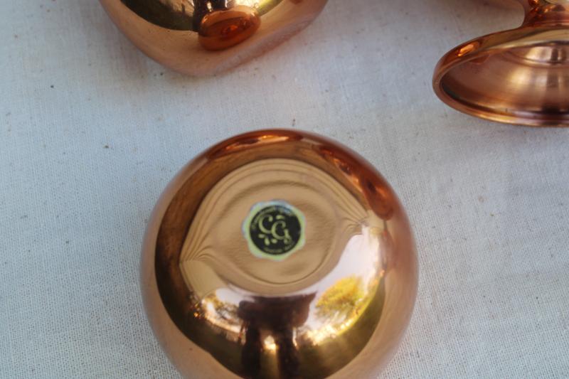 solid copper Jefferson cups & large goblet bowl, vintage punch set