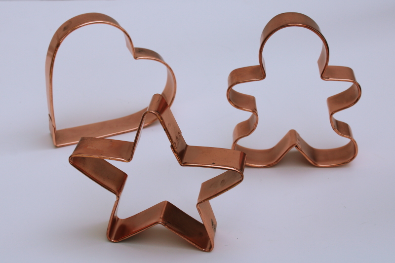 solid copper cookie cutters, large star, heart, gingerbread boy for traditional Christmas baking cookies