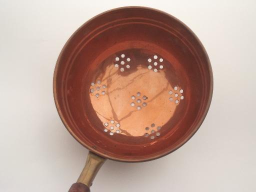 solid copper  strainer scoop, vintage wood handled dipper skimmer basket