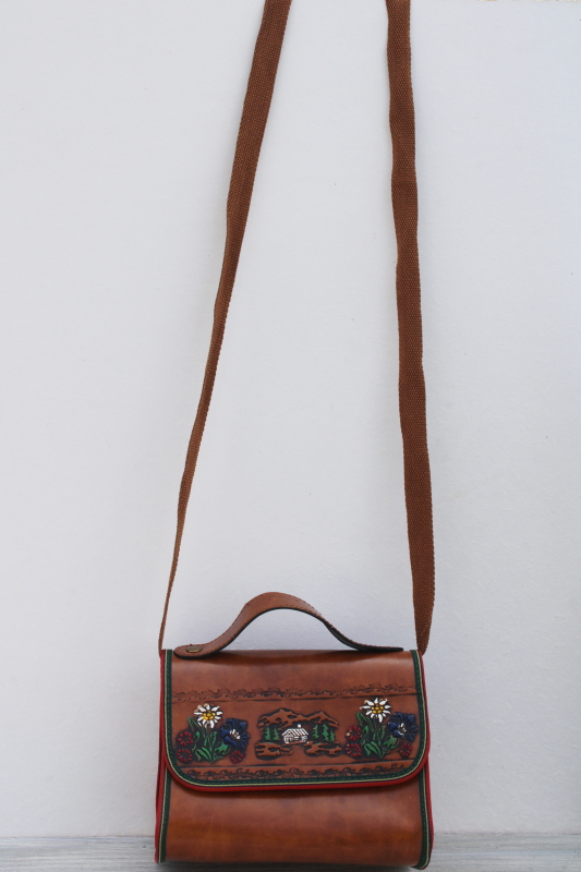 souvenir of Switzerland vintage tooled leather bag, purse or camera case w/ Swiss chalet scene