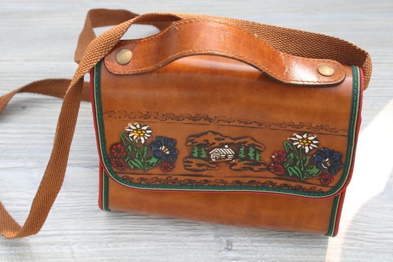 souvenir of Switzerland vintage tooled leather bag, purse or camera case w/ Swiss chalet scene