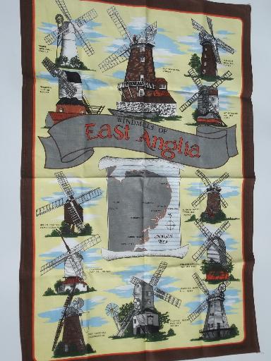 souvenir printed cotton tea towel, English windmills of East Anglia
