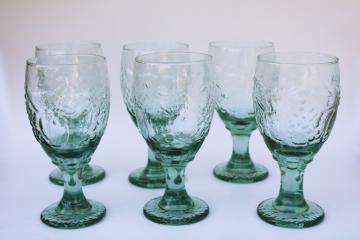spanish green glass wine or water goblets, orchard fruit pattern Libbey glasses