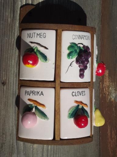 spice box wall rack canister jars set w/ painted fruit, vintage Japan