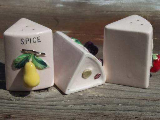 spice box wall rack canister jars set w/ painted fruit, vintage Japan