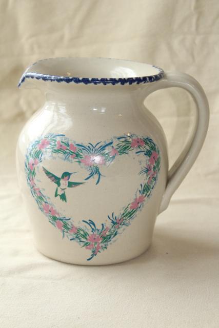 spongeware stoneware pottery pitcher hummingbird heart floral, Home & Garden Party 90s vintage