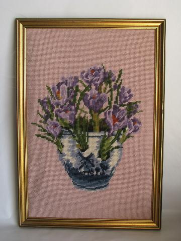 spring crocus flowers, 1950s vintage framed needlepoint picture