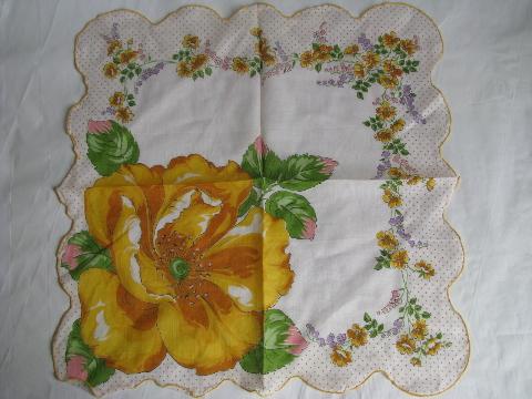 spring flowers, tulips & daffodils vintage floral print cotton hankies lot