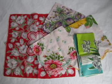 spring flowers, tulips & daffodils vintage floral print cotton hankies lot