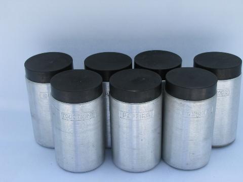spun aluminum spice jars set, Kromex vintage kitchen canister go-alongs