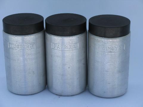 spun aluminum spice jars set, Kromex vintage kitchen canister go-alongs