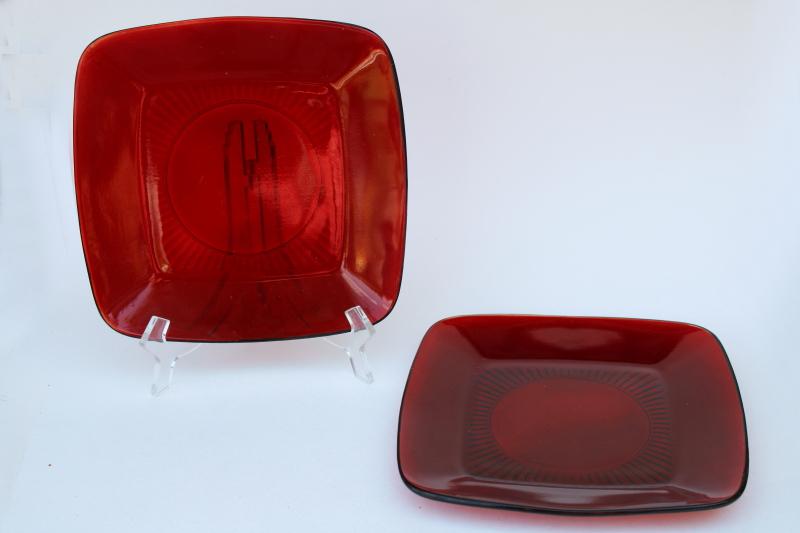 square Charm shape salad plates, vintage royal ruby red Anchor Hocking glassware
