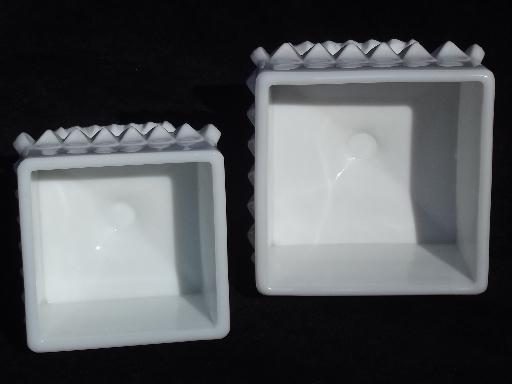 square milk glass compotes big and small, Westmoreland wedding bowl shape