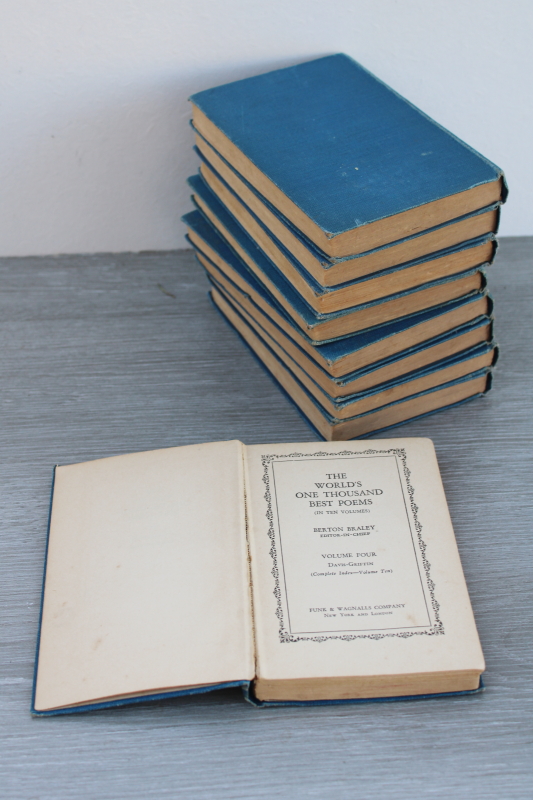 stack of old books blue cloth covers 1920s vintage little volumes of best loved poetry 1910